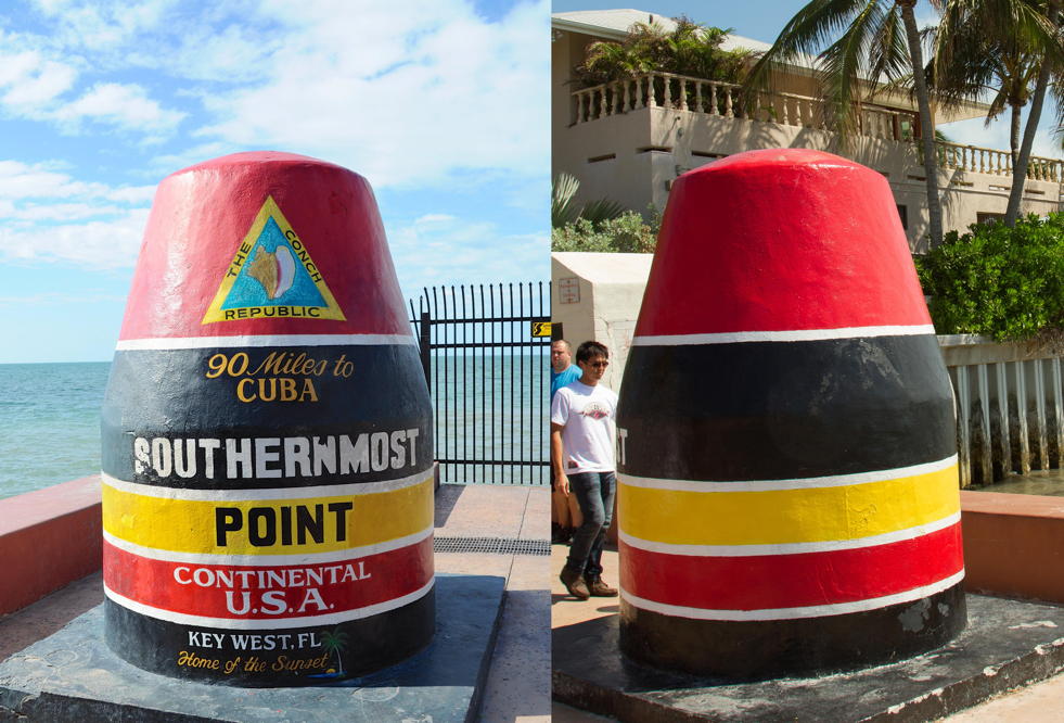 Front and rear views of Key West's Southernmost Point buoy