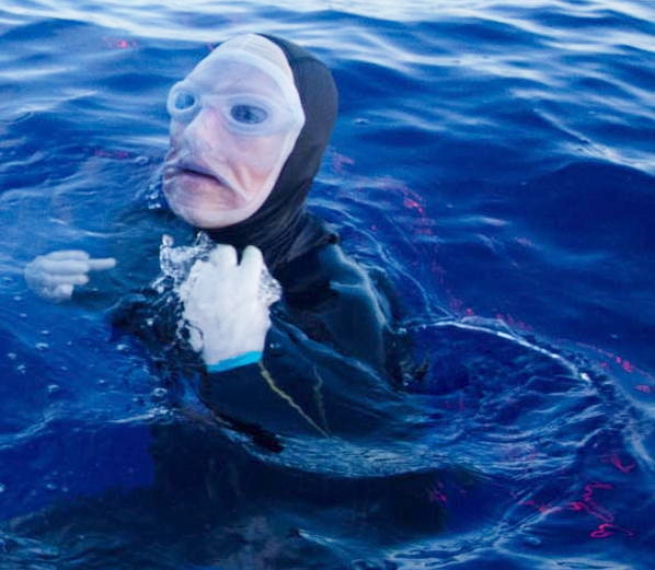 detail from image showing Nyad in her jellyfish suit with streamer wrapping around behind her
