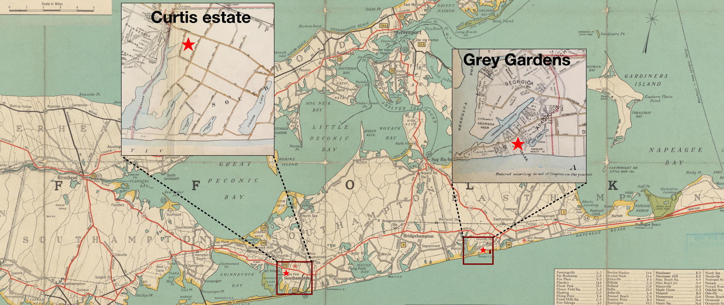 map of Long Island showing Curtis estate and Grey Gardens