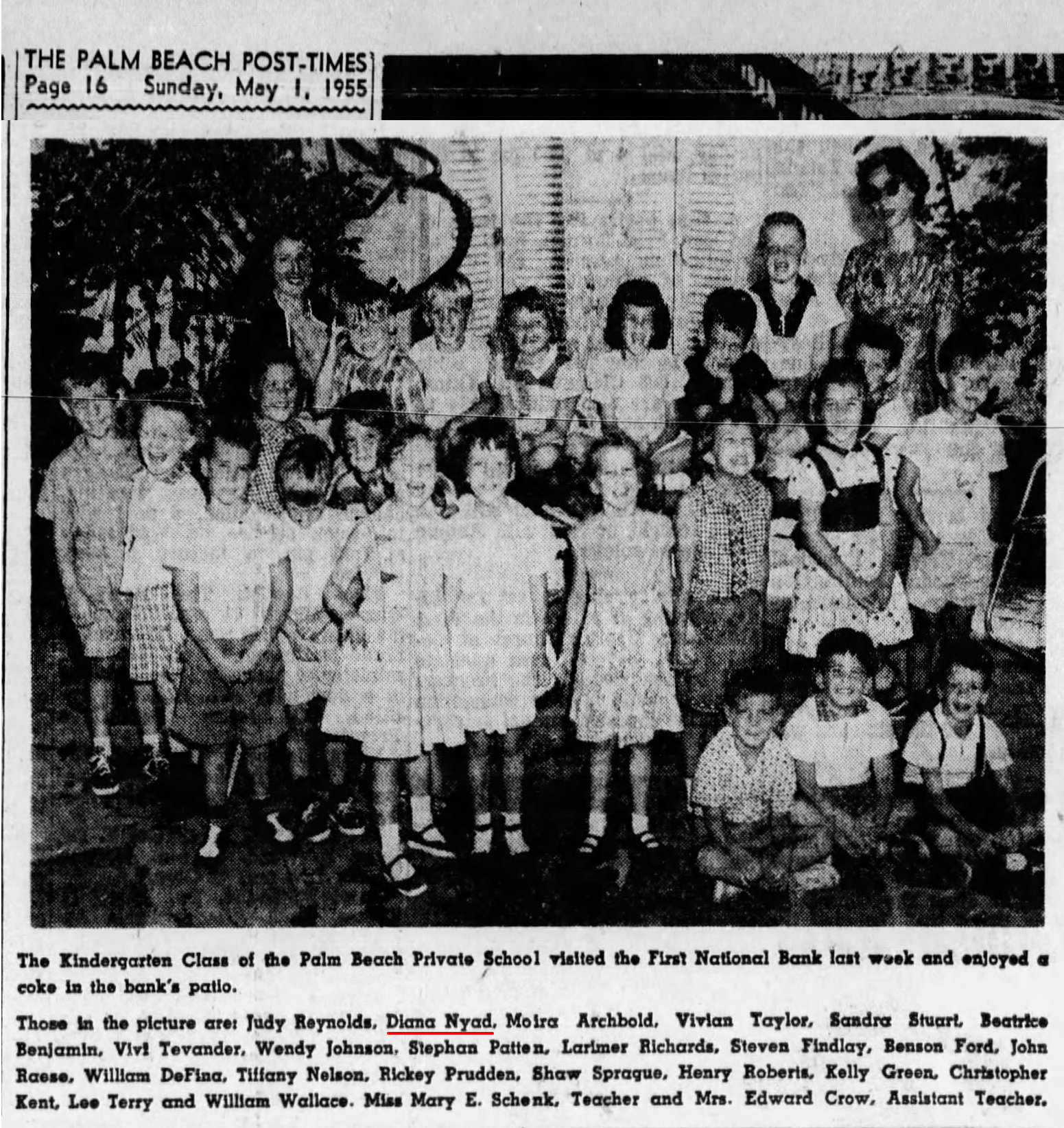 Diana and her Palm Beach Private School kindergarten class, May 1955